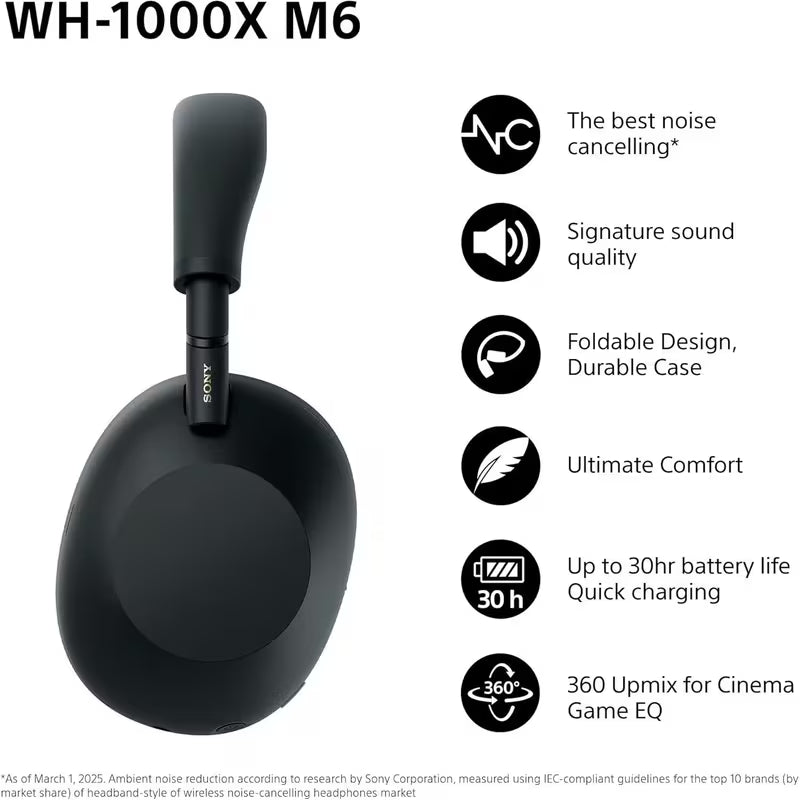 Sony WH-1000XM6 Flagship Noise Cancelling Over-Ear Wireless Bluetooth Headphones, Signature Hi-Res Sound, Ultimate Comfort, Foldable Design, Durable Case, 30 HR Battery, iOS & Android - Black