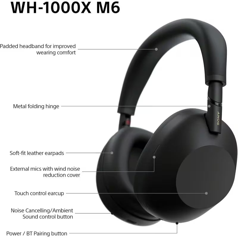 Sony WH-1000XM6 Flagship Noise Cancelling Over-Ear Wireless Bluetooth Headphones, Signature Hi-Res Sound, Ultimate Comfort, Foldable Design, Durable Case, 30 HR Battery, iOS & Android - Black