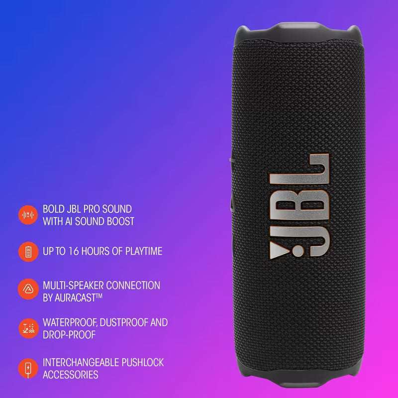 JBL Flip 7, Wireless Portable Bluetooth Speaker, 16 Hours of Playtime, IP68 Waterproof, Dustproof and Drop-Proof, Pro Sound, Auracast Multi-Speaker Connection - Available in BLACK / BLUE / PINK / PURPLE / RED / SQUAD / WHITE