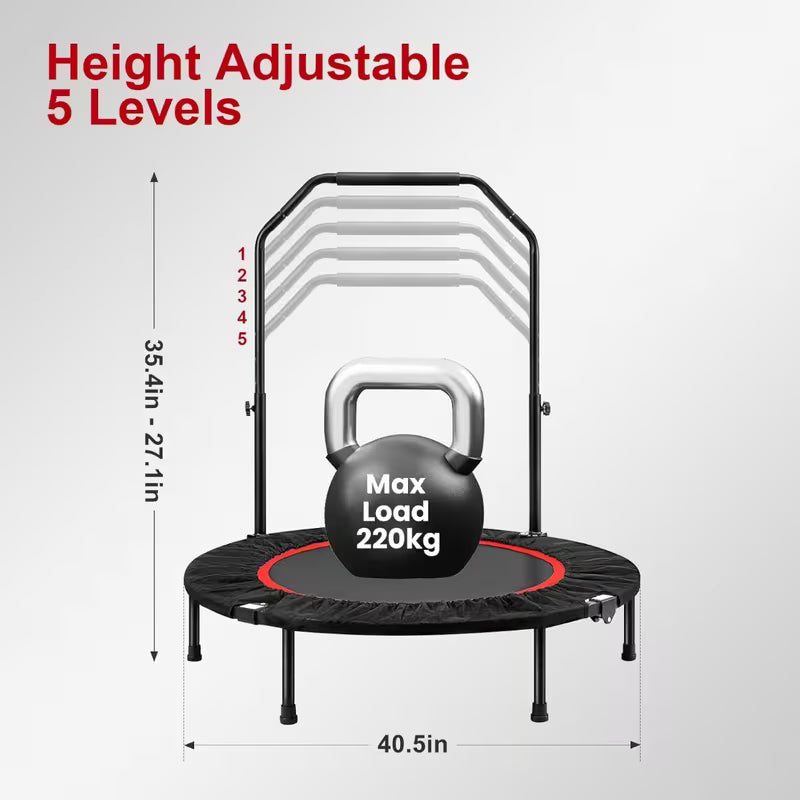 40 inch Foldable Fitness Trampoline Max Load 400lbs Foldable Exercise Rebounder with 5 level Adjustable Handrail Indoor Outdoor Fitness Body Exercise
