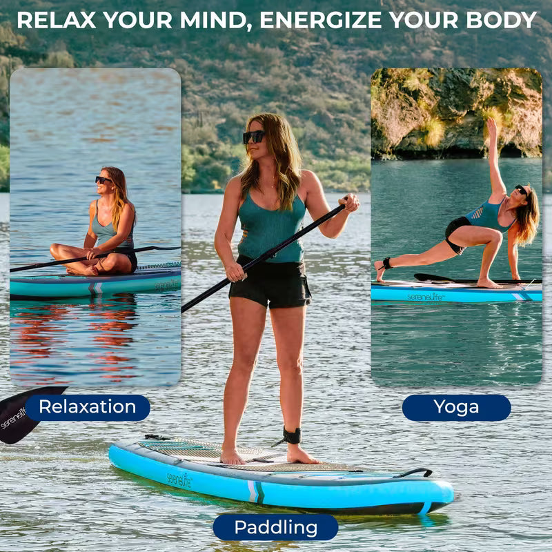 SereneLife Ultra-Light Inflatable Stand Up Paddle Board with Premium SUP Accessories - Extra Wide Stable Design with Non-Slip EVA Deck Pad for Youth and Adults of All Skill Levels - 350 lbs Capacity