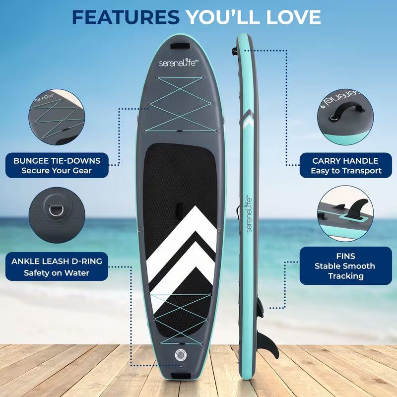 SereneLife Ultra-Light Inflatable Stand Up Paddle Board with Premium SUP Accessories - Extra Wide Stable Design with Non-Slip EVA Deck Pad for Youth and Adults of All Skill Levels - 350 lbs Capacity