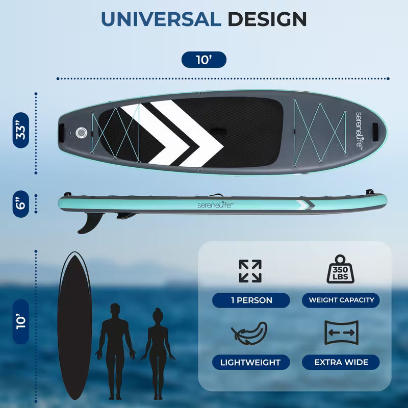SereneLife Ultra-Light Inflatable Stand Up Paddle Board with Premium SUP Accessories - Extra Wide Stable Design with Non-Slip EVA Deck Pad for Youth and Adults of All Skill Levels - 350 lbs Capacity