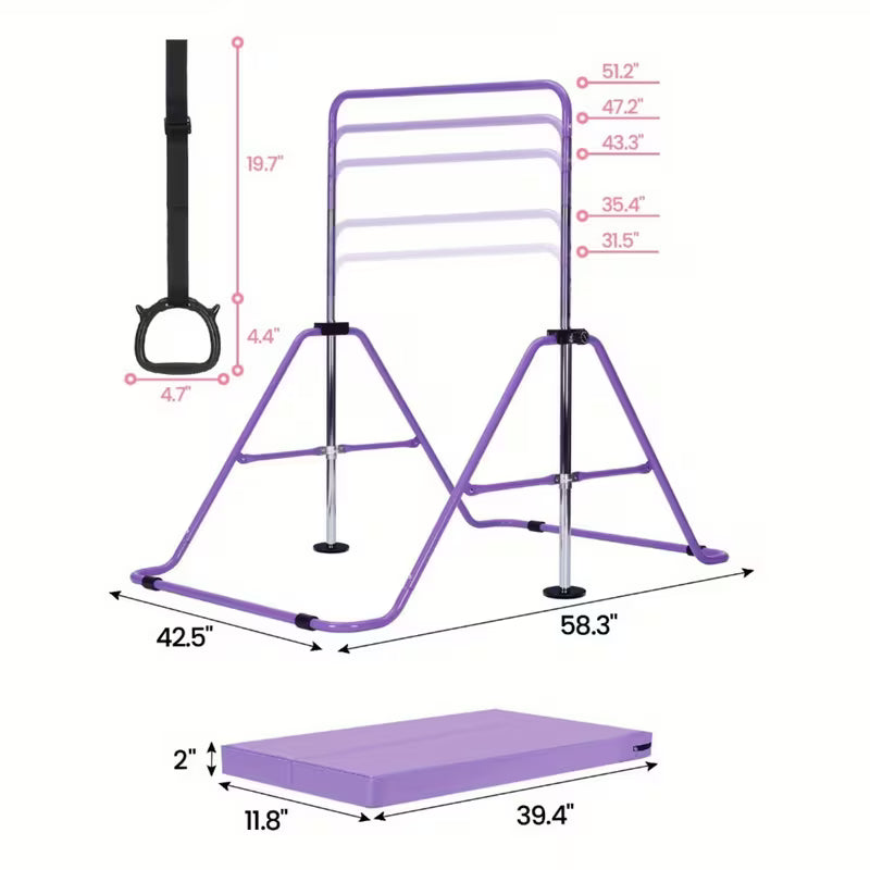 Gymnastics Bar Adjustable Gymnastics Bar Training Bar Gymnastics Equipment Gymnastics Bars for Home with Gymnastics Grips Wristbands Ground Nail Exercise Mat