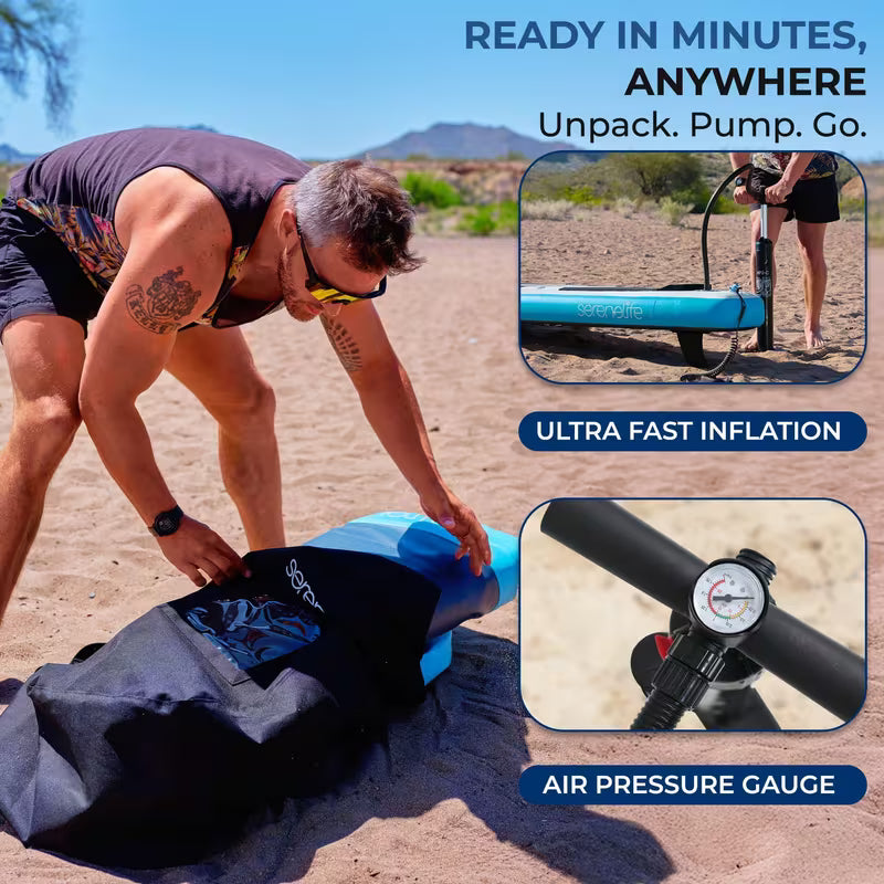 SereneLife Ultra-Light Inflatable Stand Up Paddle Board with Premium SUP Accessories - Extra Wide Stable Design with Non-Slip EVA Deck Pad for Youth and Adults of All Skill Levels - 350 lbs Capacity