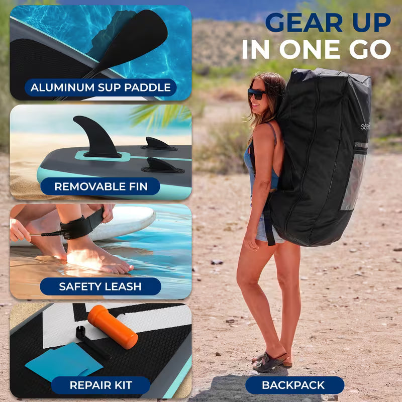 SereneLife Ultra-Light Inflatable Stand Up Paddle Board with Premium SUP Accessories - Extra Wide Stable Design with Non-Slip EVA Deck Pad for Youth and Adults of All Skill Levels - 350 lbs Capacity